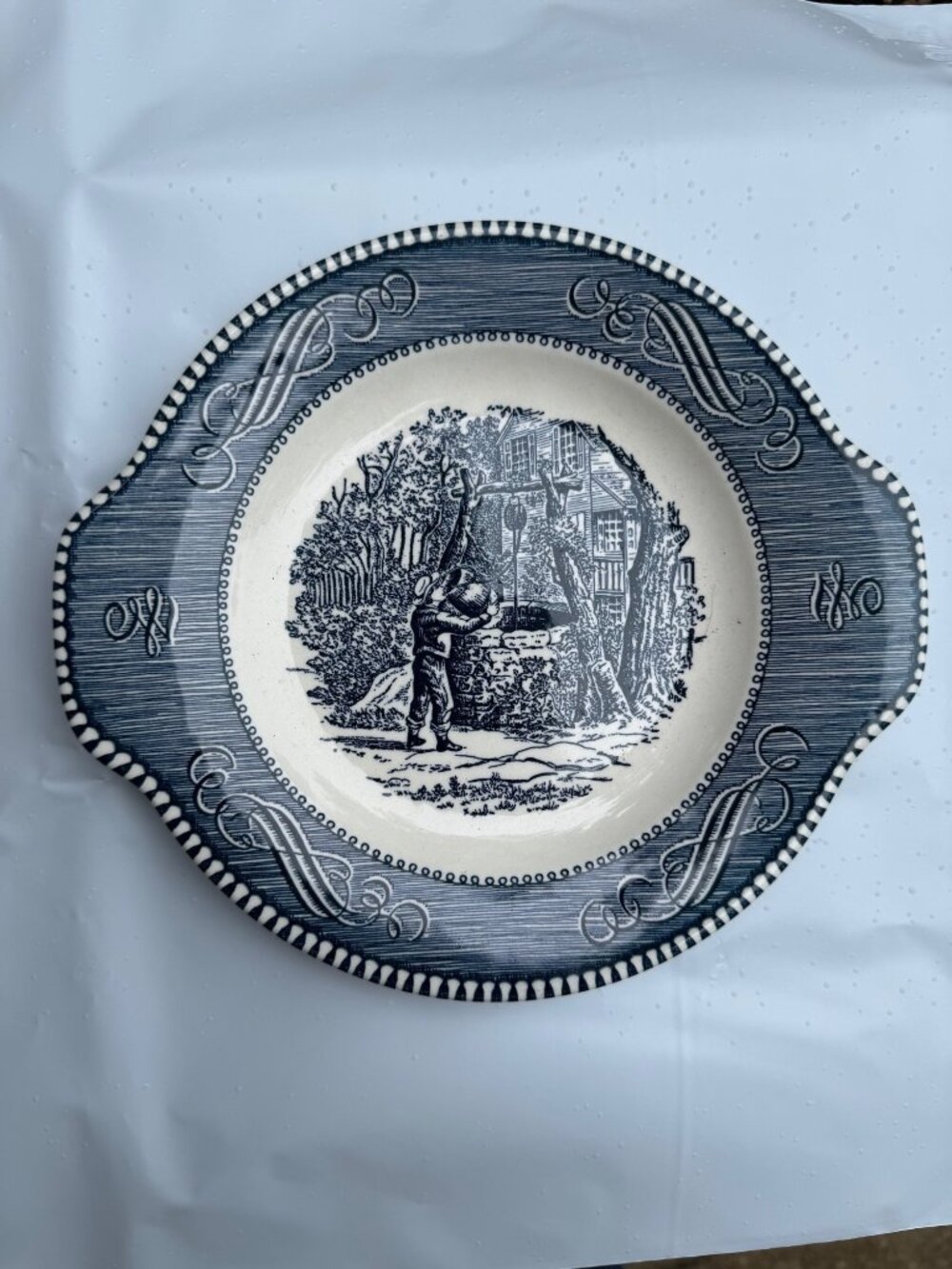 Vintage Currier Ives Blue White Ceramic Plate Scenic Well  8"